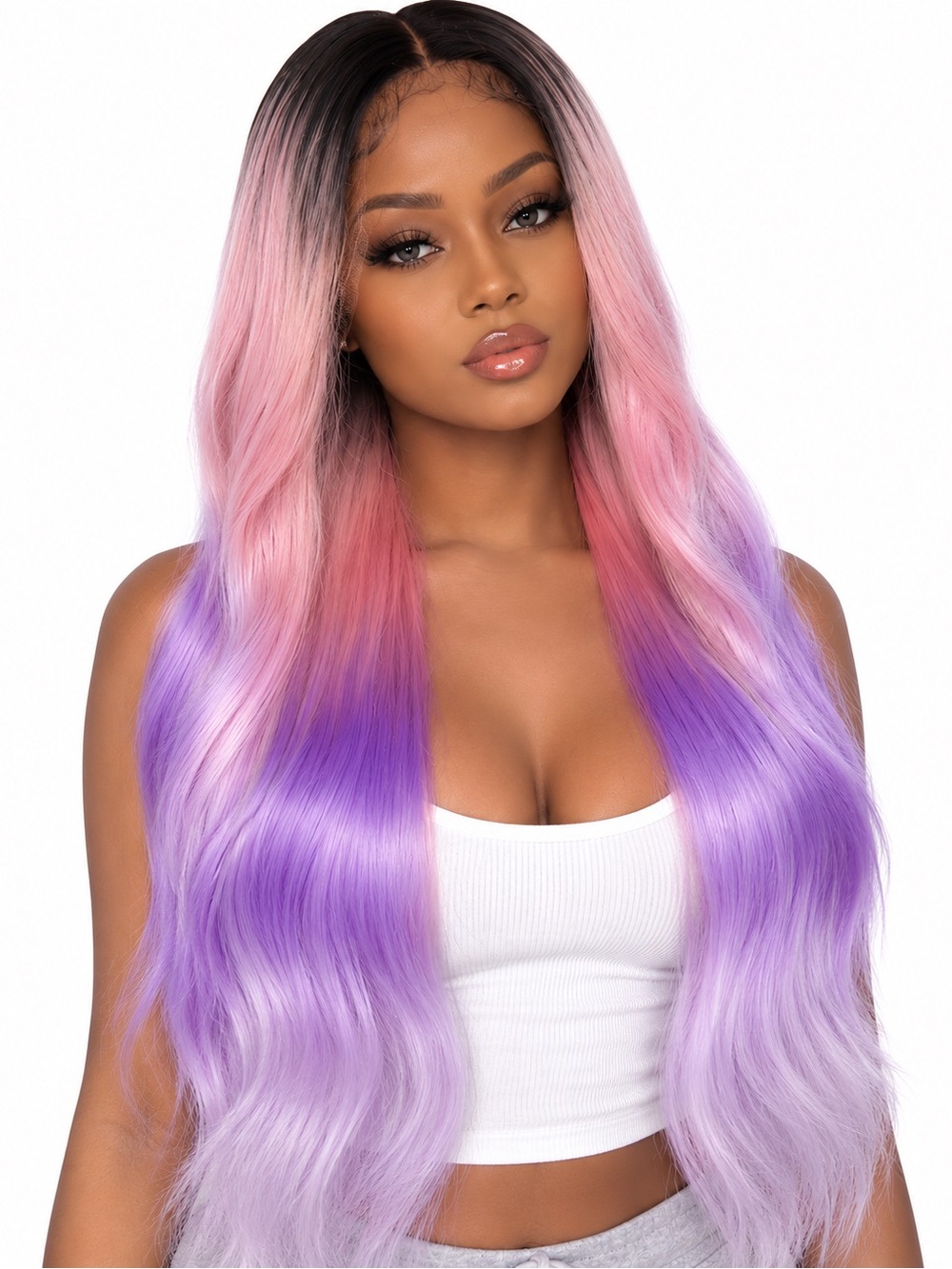 Long Ombre Pink to Purple Synthetic Lace Front Wig - middle part 26 inches long